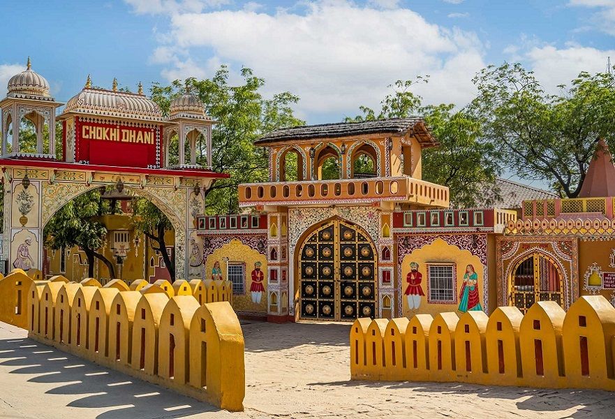 Traditional Rajasthani village gateway at night